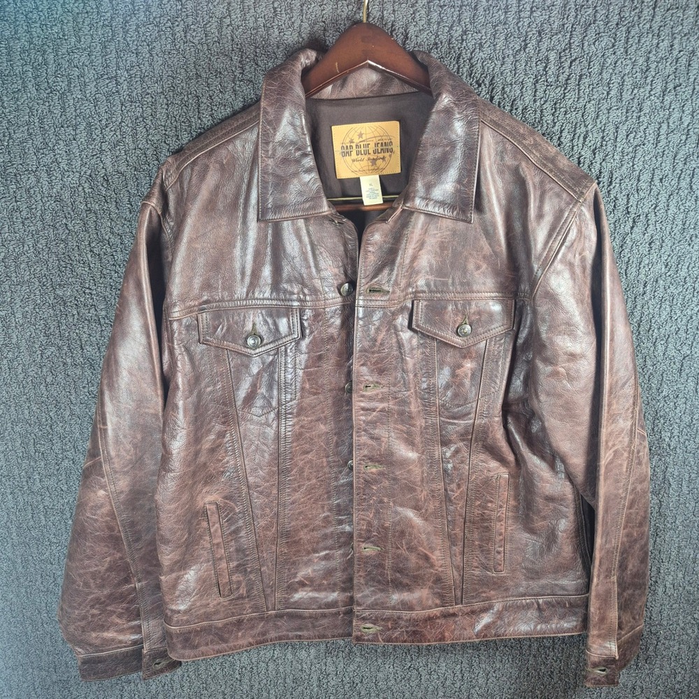 Gap Leather Trucker Jacket Mens XL Brown Distressed Button Front Vintage Style